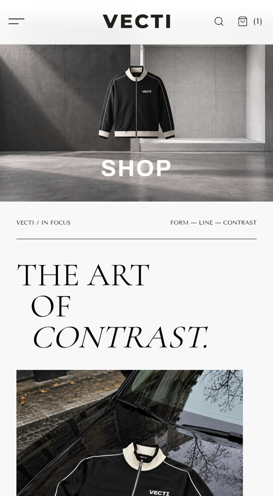 Vecti Clothes online store homepage with a black track jacket in a concrete space
