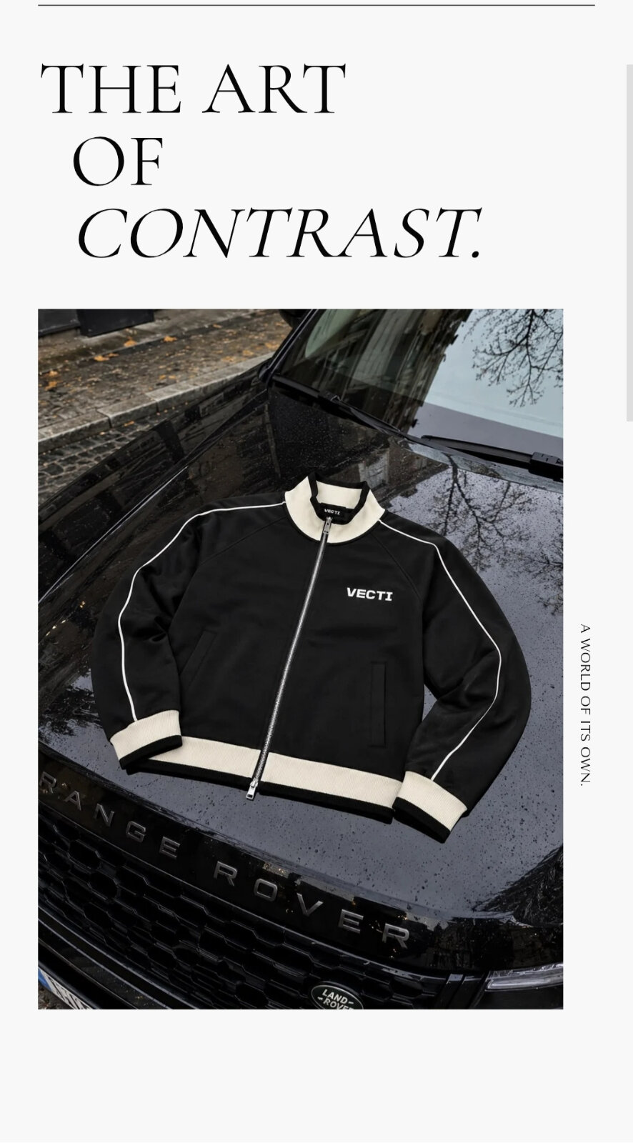 Vecti website editorial section 'The Art of Contrast' with a black track jacket
