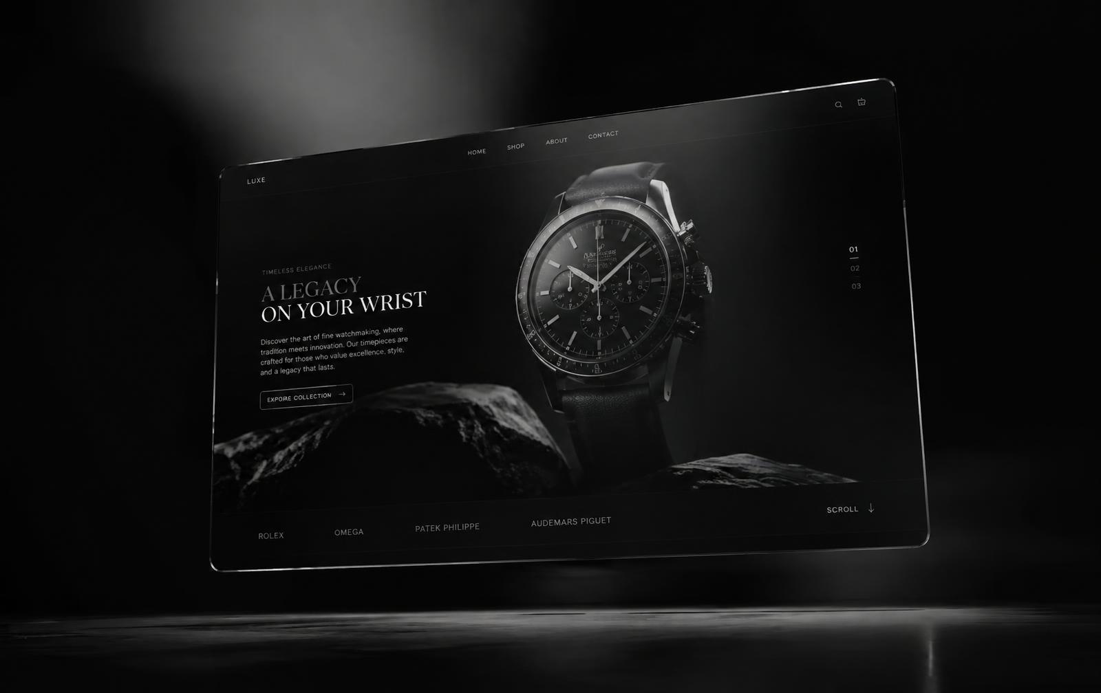 Dark luxury watch store website on a floating glass screen